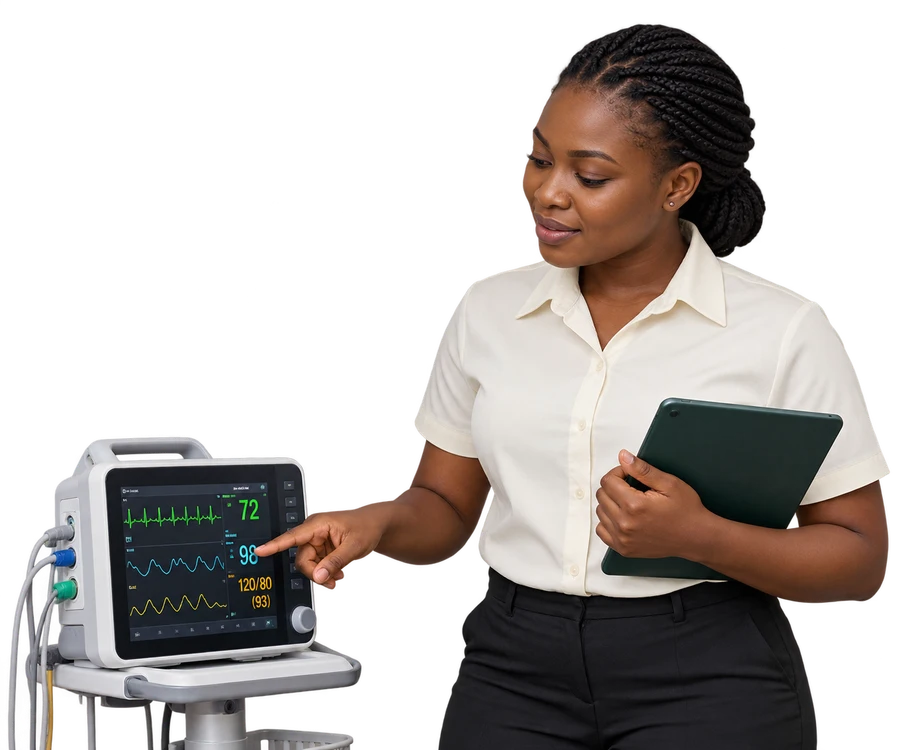 Illustrative healthcare equipment specialist with a patient monitor