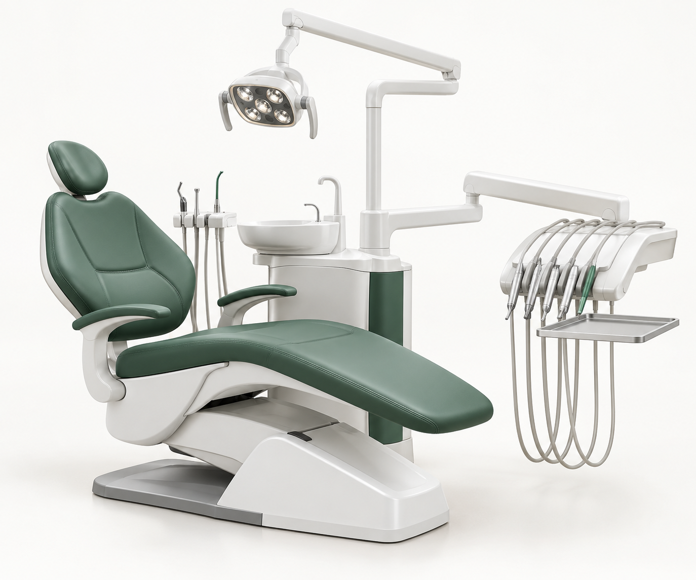 Upholstered dental treatment chair with delivery arm and operating light