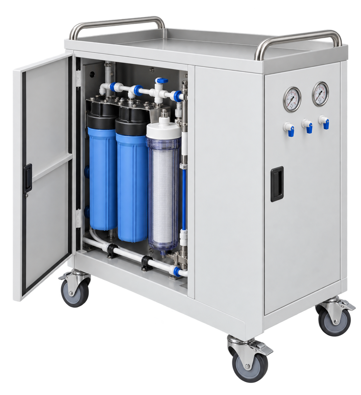 Enclosed mobile water pretreatment cart with filter housings, gauges, sampling ports and casters
