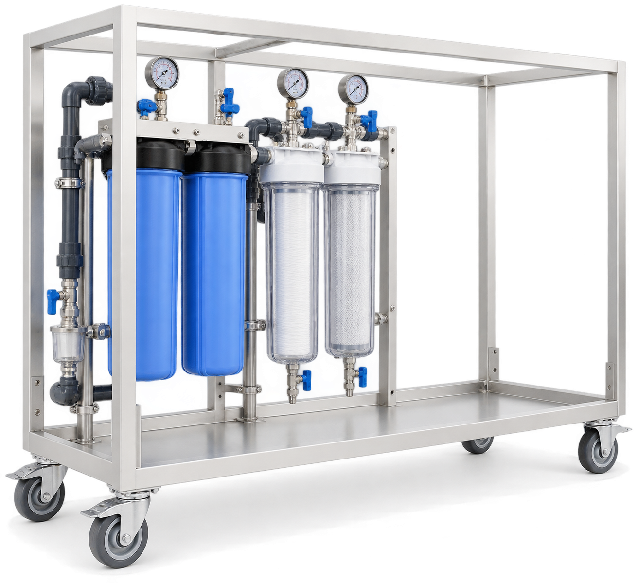 Open-frame mobile water pretreatment cart with filter housings, pressure gauges and sampling valves