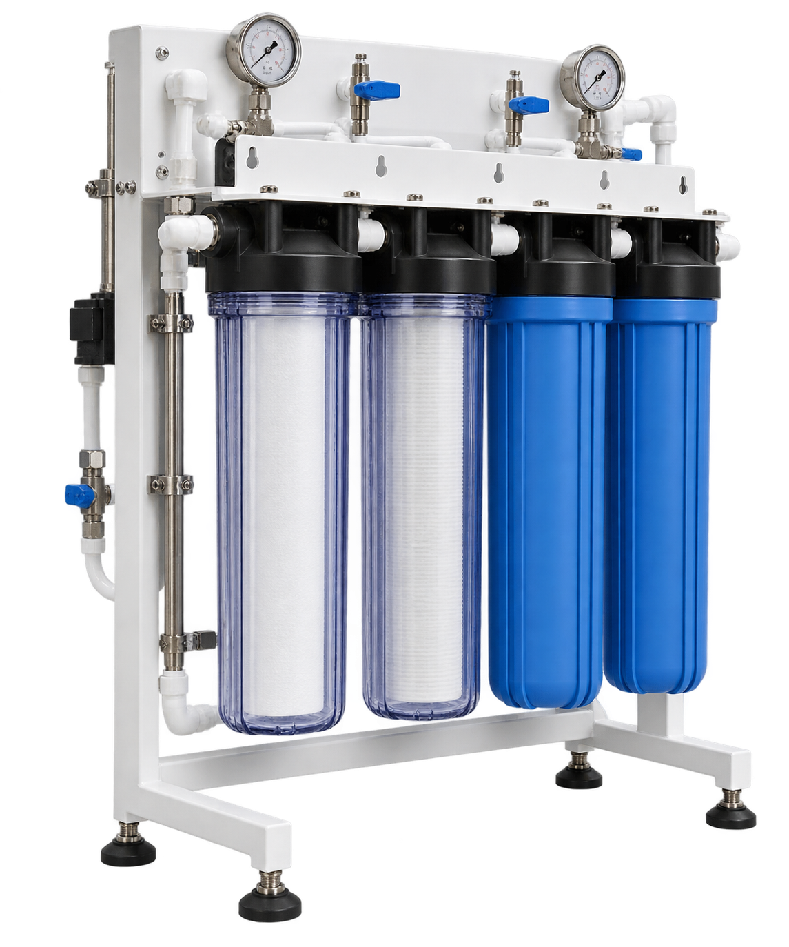 Compact stand-mounted water pretreatment assembly with filter housings, gauges and sample valves