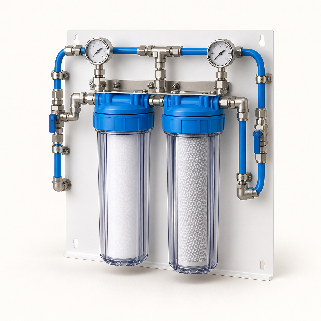 Medical water pretreatment panel with filter housings, tubing and pressure gauges