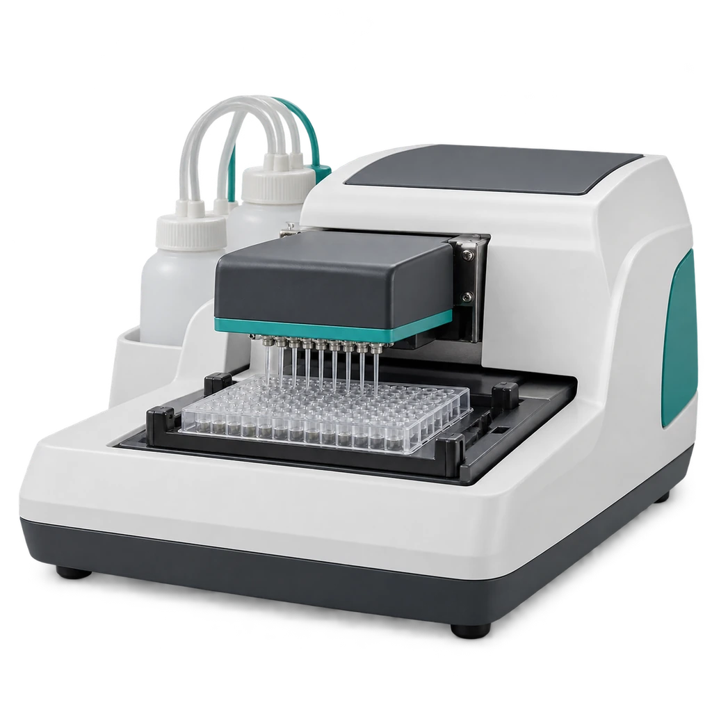 Benchtop automated microplate washer with wash head and plate platform