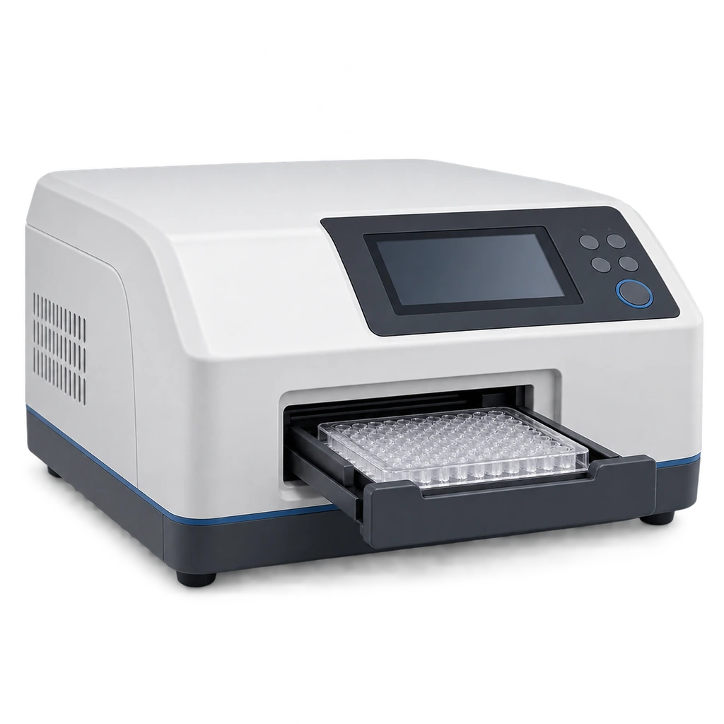 Compact benchtop absorbance microplate reader with a front plate drawer