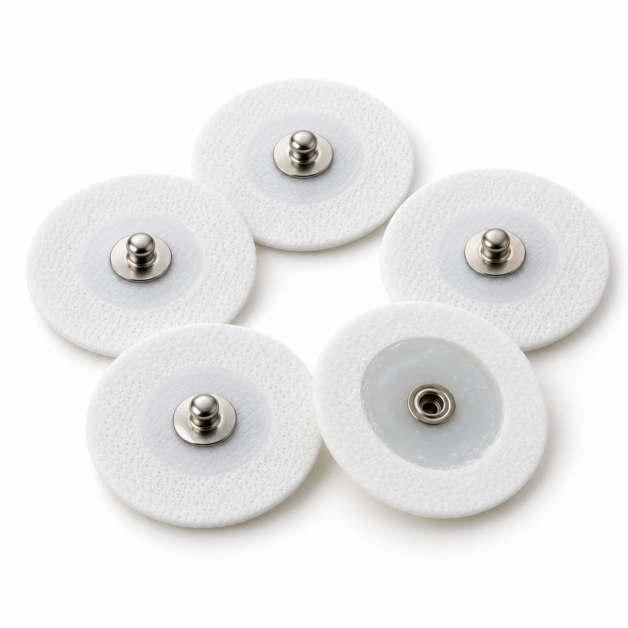 Round adhesive ECG electrodes with conductive gel centers and metal snap connectors
