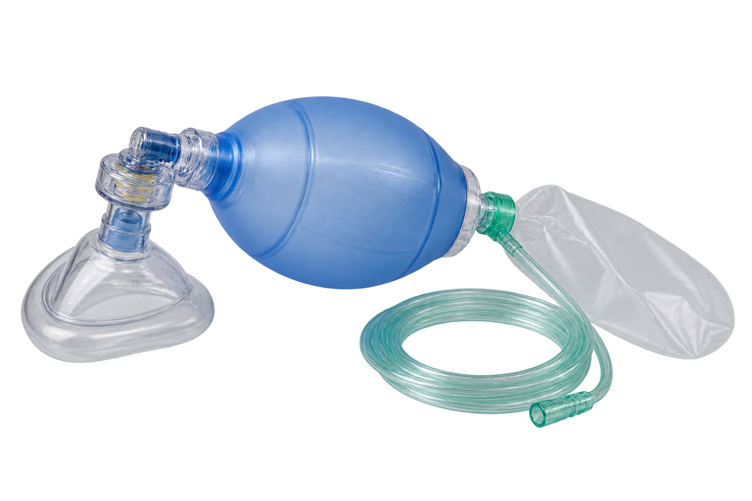 Adult manual resuscitator with self-inflating bag, reservoir, tubing and face mask