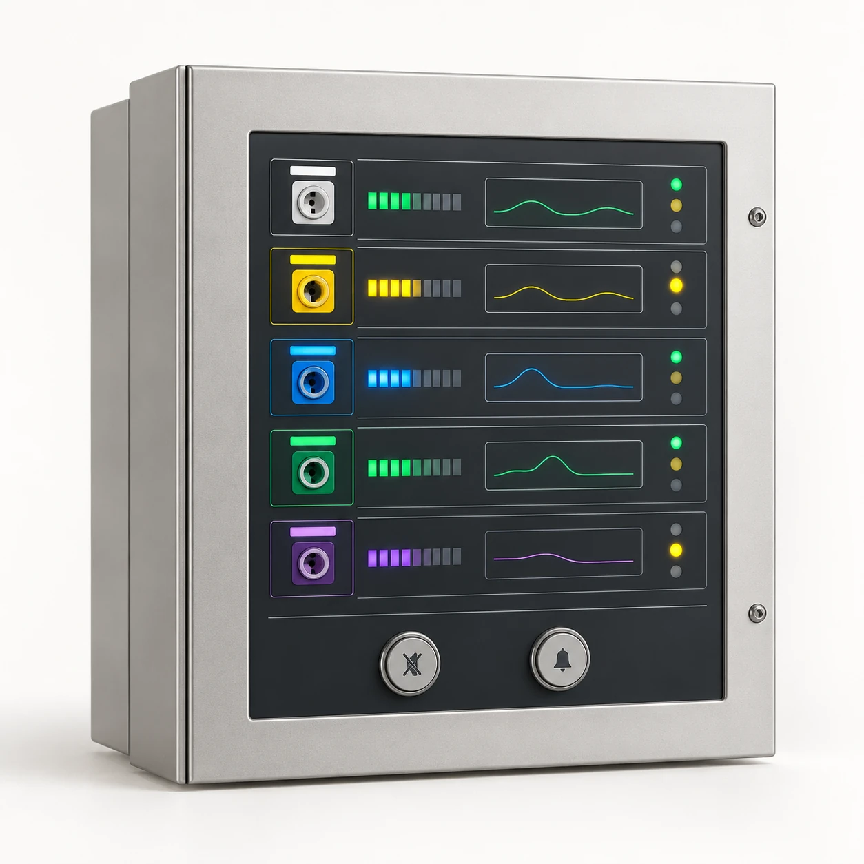 Wall-mounted medical gas master alarm panel with multiple service status indicators and display.