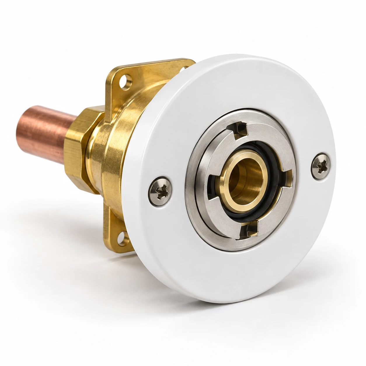Medical gas terminal outlet with keyed connection face and copper inlet connection.