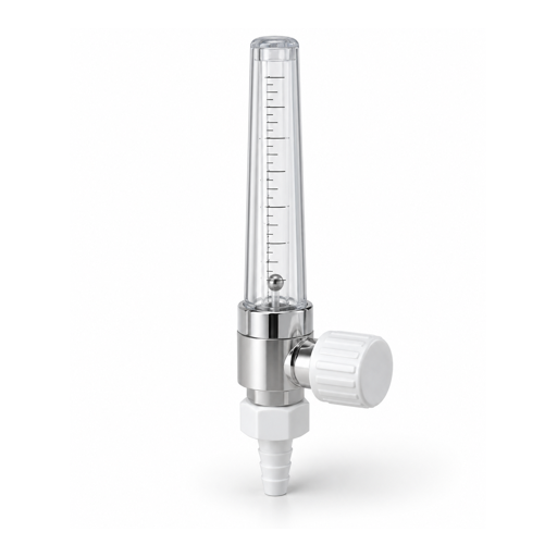 Generic unbranded vertical oxygen flowmeter with clear graduated tube and control knob