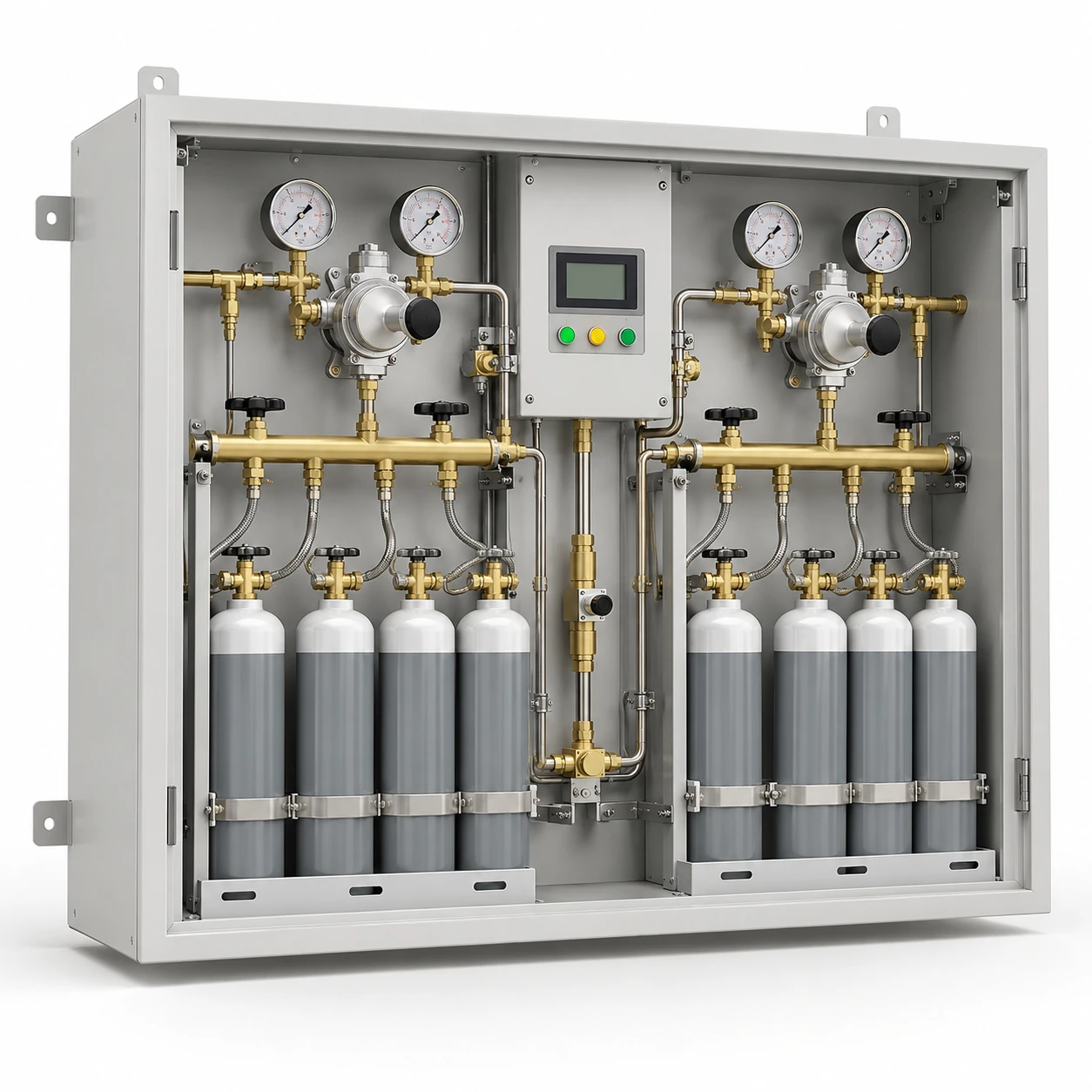 Automatic medical gas cylinder manifold cabinet with dual cylinder banks, regulators, gauges and digital controls.