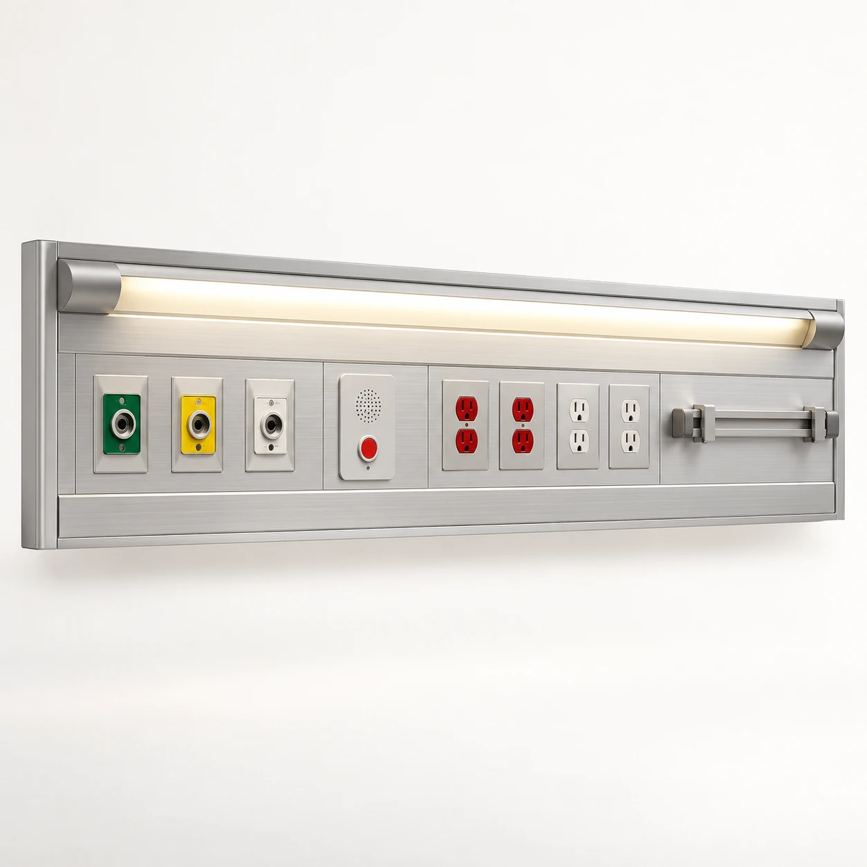 Horizontal recessed patient-room headwall console with medical gas outlets, electrical points, lighting and accessory rail.
