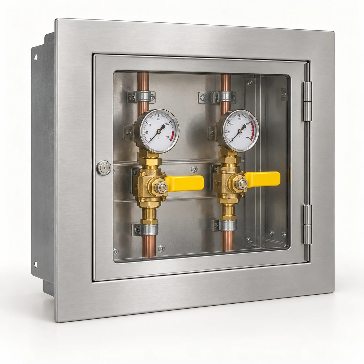 Recessed area valve service cabinet with isolation valve handles, pressure gauges and visible pipe connections.