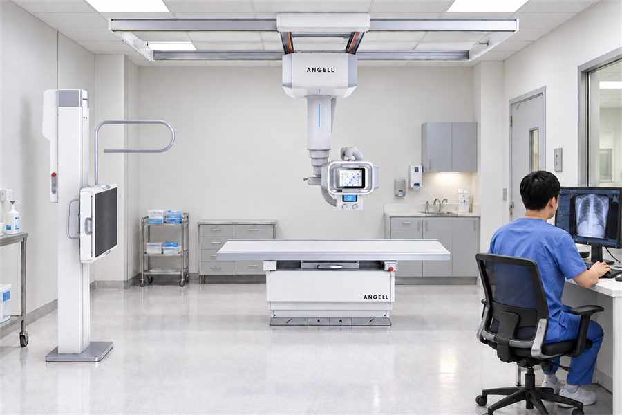 Angell QOMO ceiling-mounted imaging system in a manufacturer reference room with table, upright stand and console