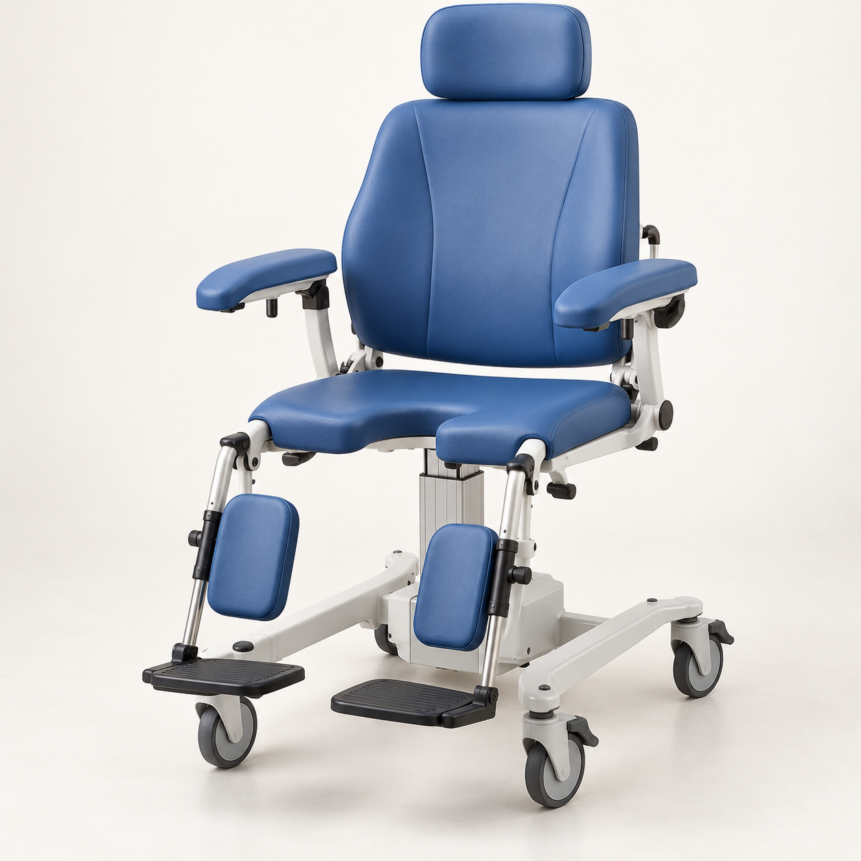 Height-adjustable hygiene chair with padded back, arm supports and caster base