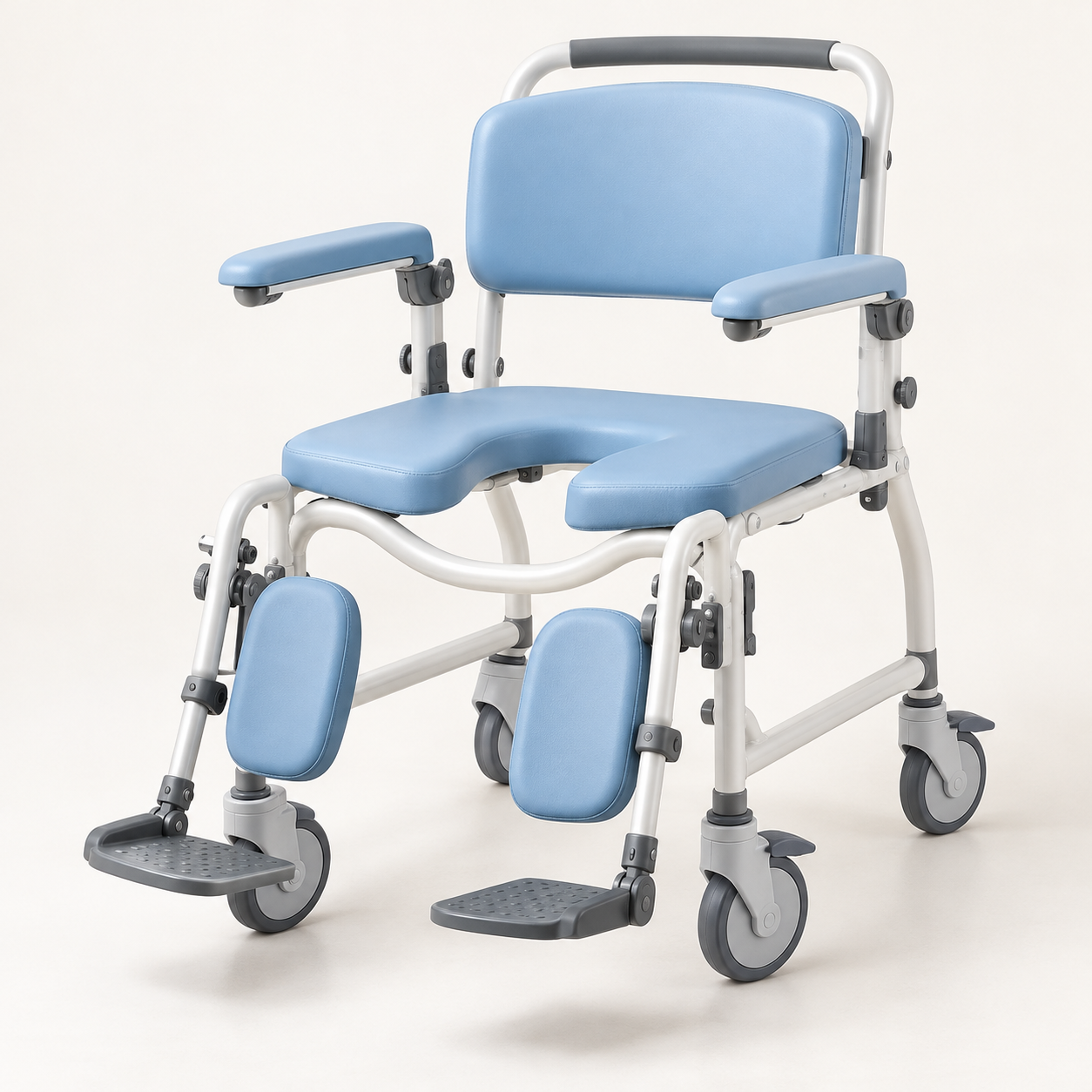Height-adjustable shower and hygiene chair with swing-away leg supports and caster base