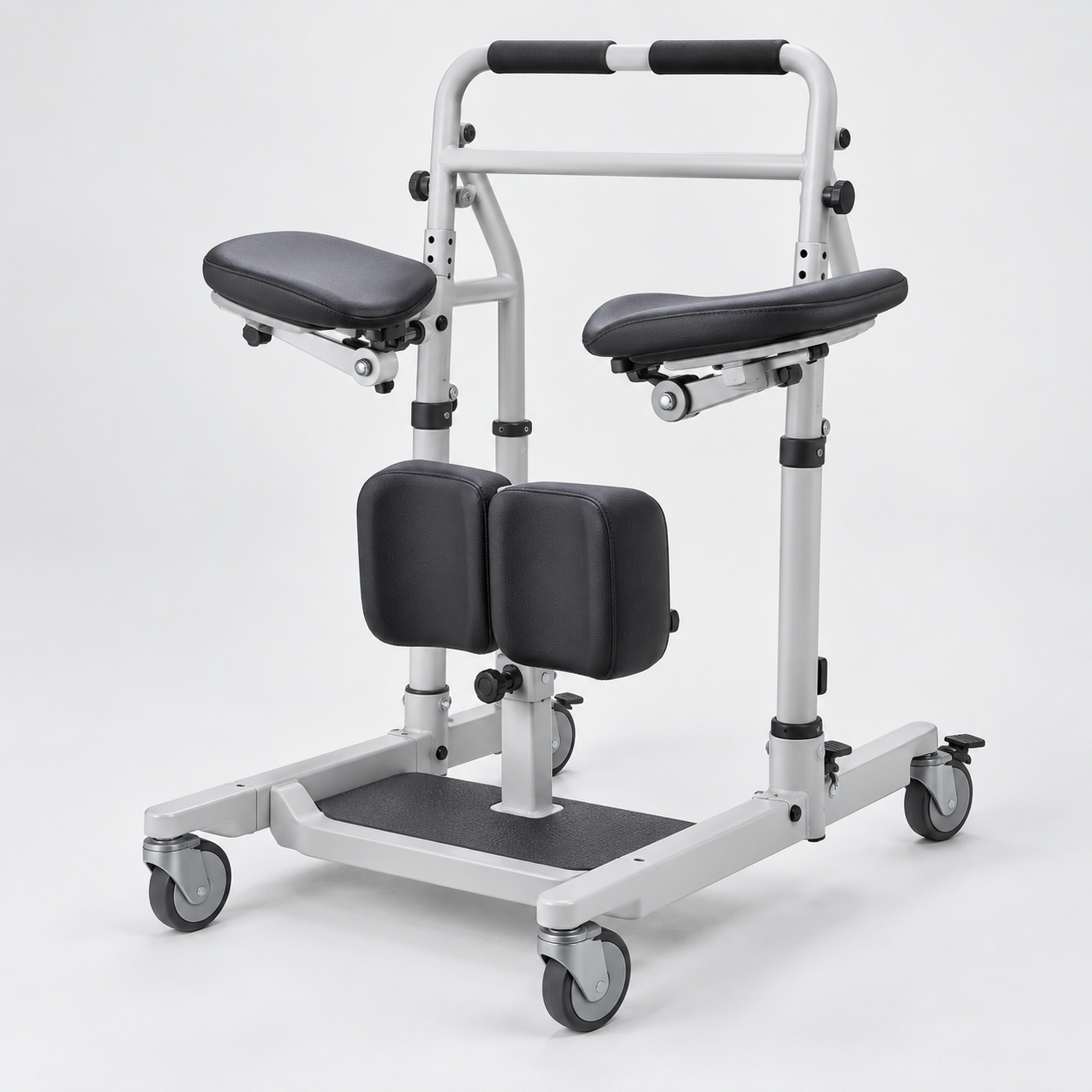 Mobile sit-to-stand transfer aid with knee support, pivoting seat pads and caster base