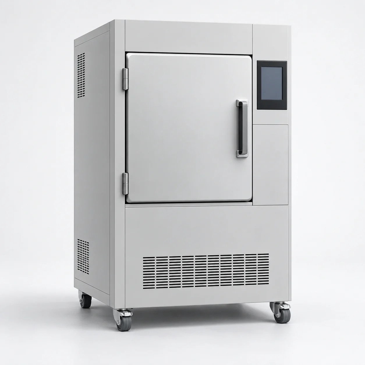 Compact low-temperature sterilizer cabinet with chamber door and touchscreen on casters