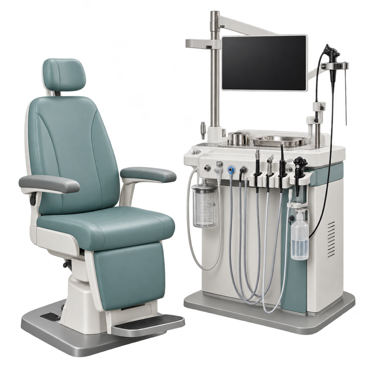 Compact ENT examination workstation with integrated instrument column and examination chair