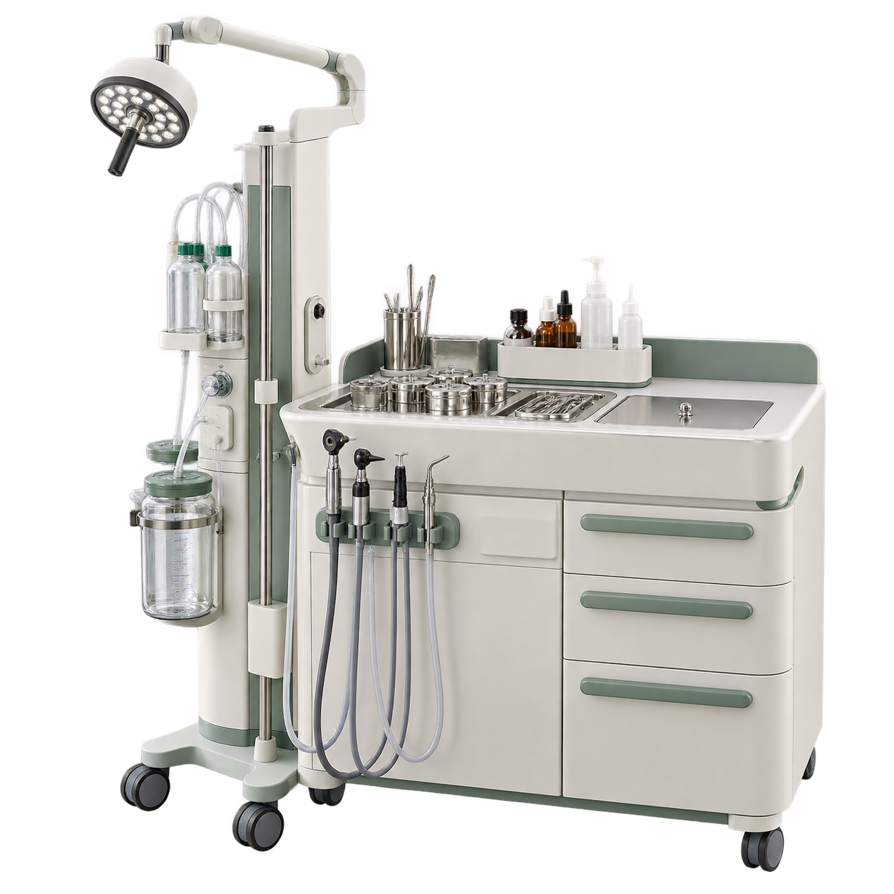 Compact ENT treatment unit with integrated function column, suction vessels and instrument holders
