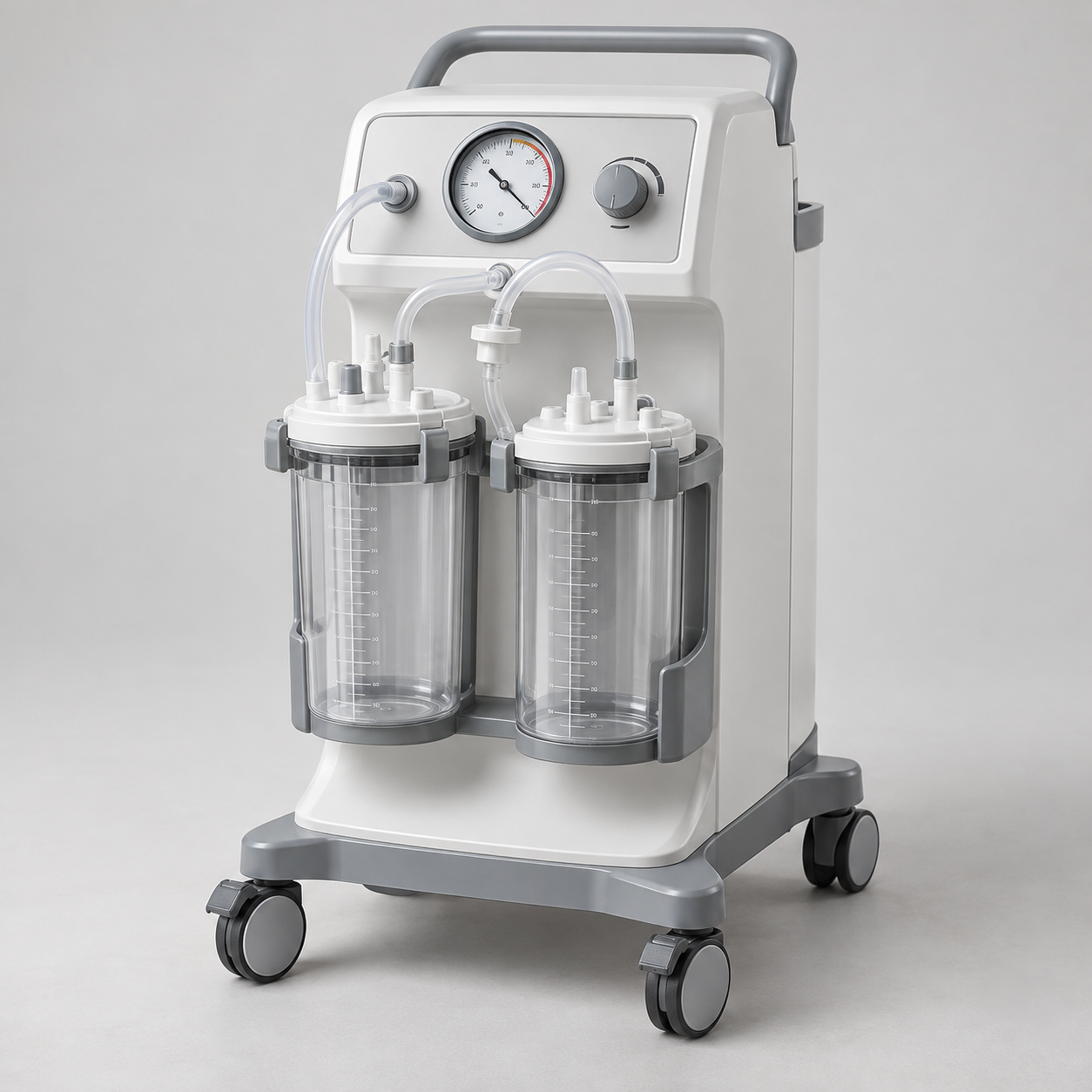 Medical suction device with a visible gauge, tubing and transparent collection jars on a trolley