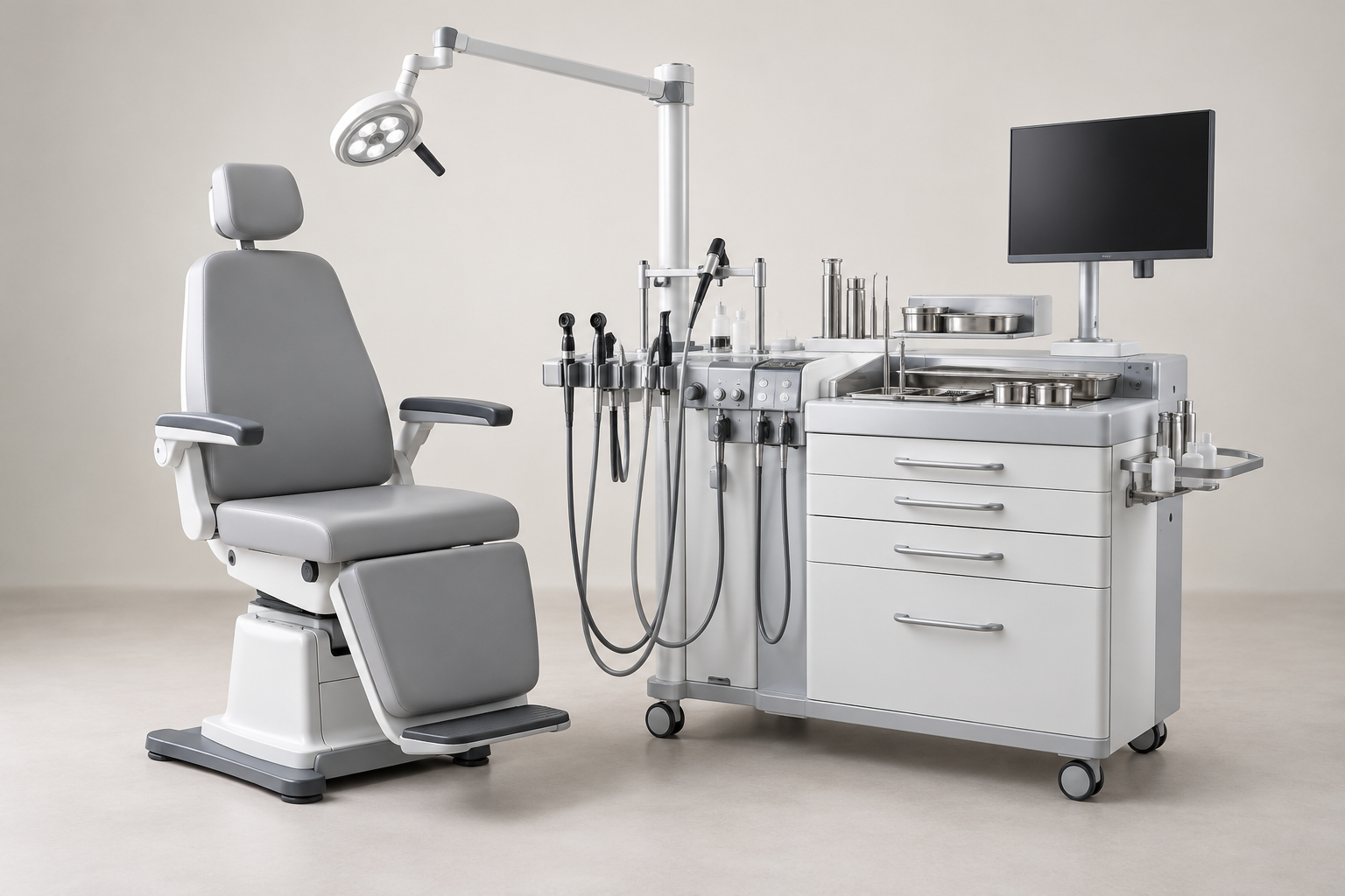 Generic ENT treatment workstation with examination chair, instrument storage and examination light