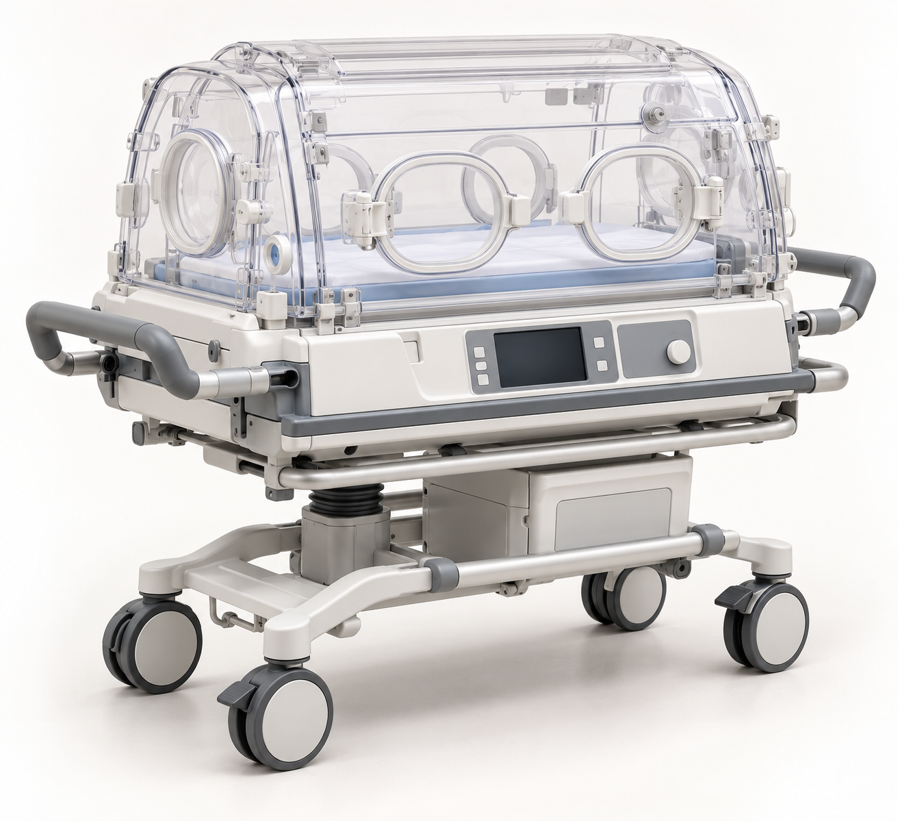 Unbranded neonatal transport incubator with a clear hood and compact mobile trolley