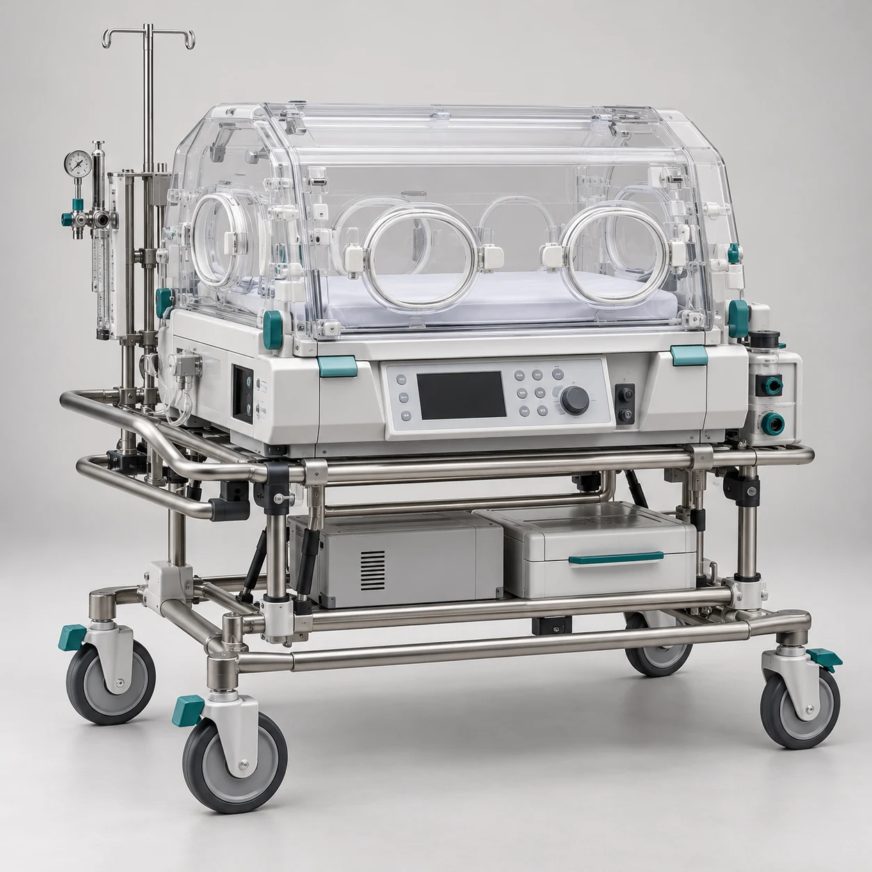 Neonatal transport incubator with a clear hood, compact control panel and wheeled trolley