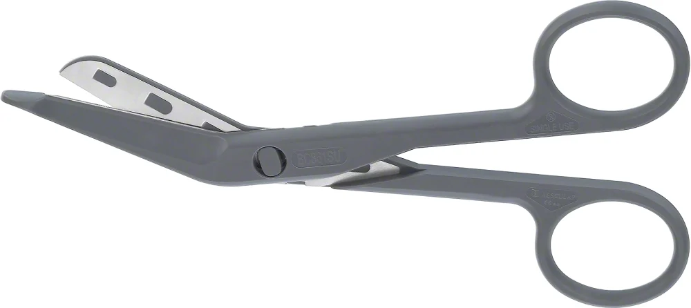 B. Braun SUSI® Bandage- and Cloth Scissors, angled to side, 1 blade probe pointed, 145 mm (5 3/4"), sterile, disposable, article BC861SU