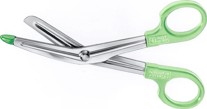 B. Braun LISTER Bandage- and Cloth Scissors (Universal Scissors), angled to side, serrated (inside), 1 blade probe pointed, 145 mm (5 3/4"), handle: light green, plastic handles, article BC978R