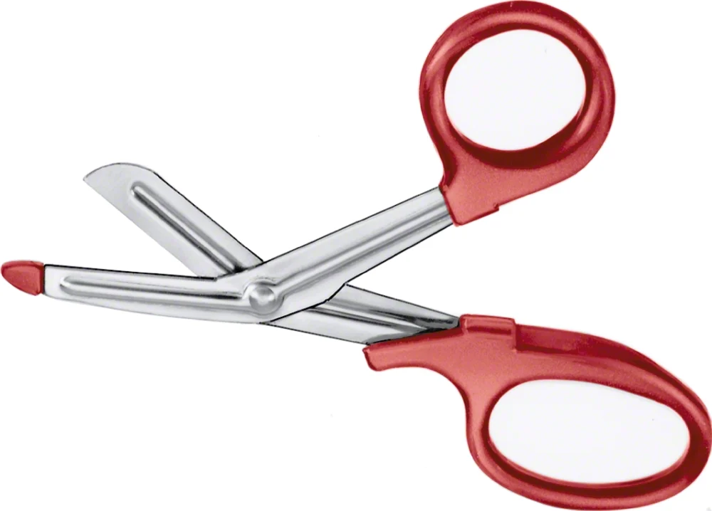 B. Braun Bandage- and Cloth Scissors (Universal Scissors), angled to side, serrated (inside), 1 blade probe pointed, 180 mm (7"), handle: red, 1 large ring, plastic handles (BC980R)