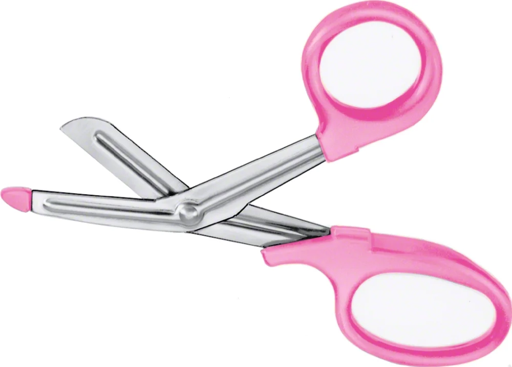 B. Braun Bandage- and Cloth Scissors (Universal Scissors), angled to side, serrated (inside), 1 blade probe pointed, 180 mm (7"), handle: pink, plastic handles, 1 large ring, article BC987R