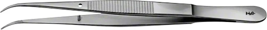 B. Braun Dressing Forceps (Tweezers), curved, delicate, 90 mm (3 1/2"), jaw width: 0.80 mm, serrated, article BD311R