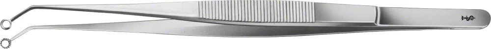 B. Braun HUNT Tumor Forceps, angled, 200 mm (7 7/8"), ring tip, jaw Ø: 5 mm, serrated, flat handle, article BD765R