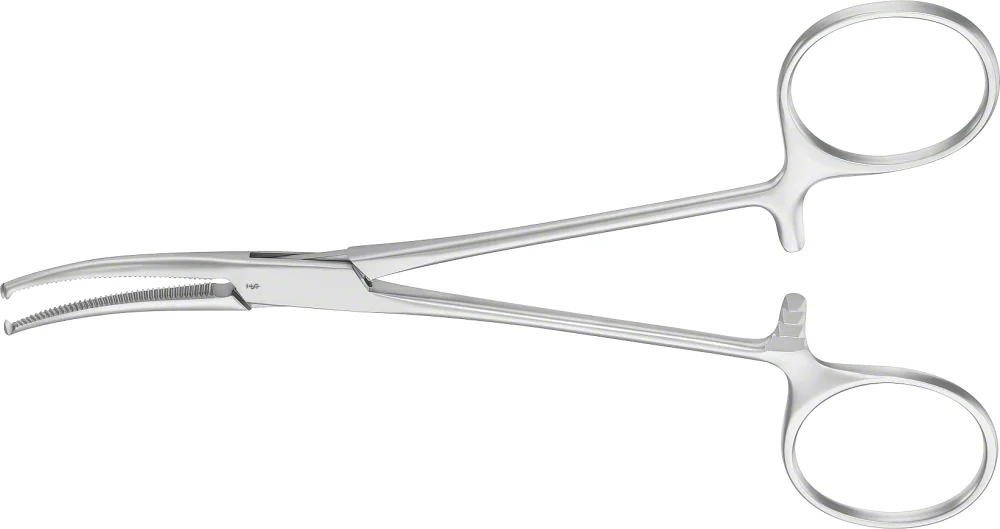 B. Braun CRILE Hemostatic Forceps, curved, 140 mm (5 1/2"), delicate, 1 x 2 teeth, article BH155R