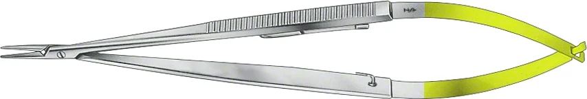 B. Braun CASTROVIEJO DUROGRIP® Micro Needle Holder, TC, straight, 145 mm (5 3/4"), jaw: smooth, flat handle, with ratchet, for suture 9/0 - 11/0, article BM001R