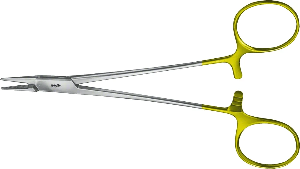 B. Braun CRILE-WOOD (BABY) DUROGRIP® Needle Holder, TC, straight, 150 mm (6"), jaw: with 0.4 mm pitch of serration, for suture 4/0 - 6/0, article BM013R