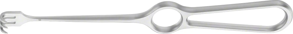 B. Braun VOLKMANN Retractor (Rake), 220 mm (8 3/4"), 3 prongs, jaw depth: 9 mm, jaw width: 13 mm, sharp, article BT243R