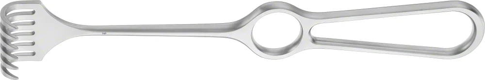 B. Braun KOCHER Retractor (Rake), 220 mm (8 3/4"), 6 prongs, jaw depth: 16 mm, jaw width: 30 mm, semi-sharp, article BT266R