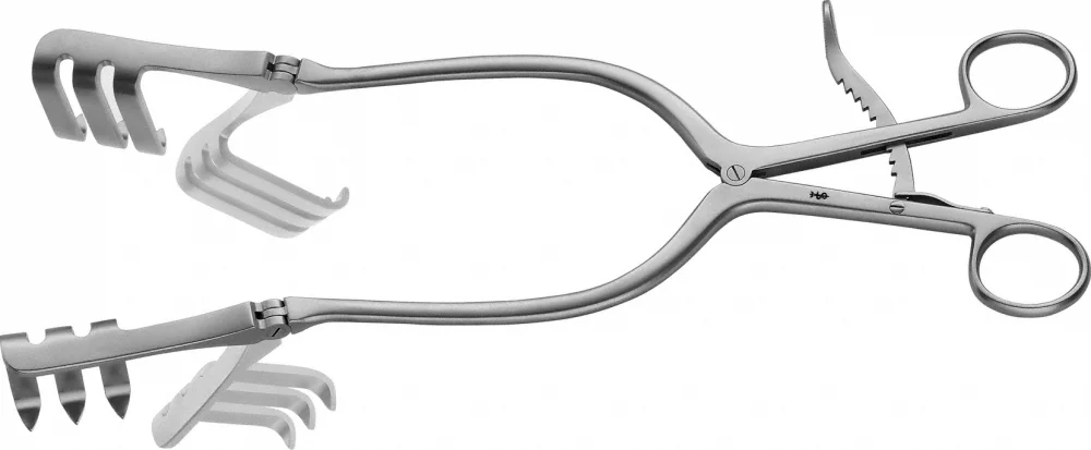 B. Braun HARVEY-JACKSON Retractor (self-retaining), with joint, 300 mm (11 3/4"), 3 x 3 prongs, jaw depth: 45 mm, jaw width: 32 mm, sharp, with ratchet (BV258R)
