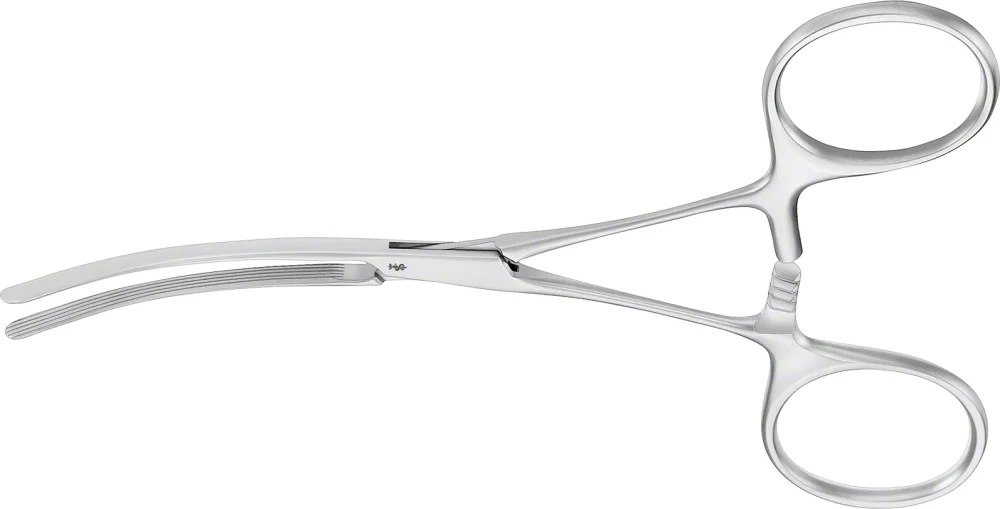 B. Braun BABY-KOCHER Intestinal Clamp, curved, 135 mm (5 1/4"), elastic, serrated (longitudinal), jaw length: 40 mm, for children, article EA117R