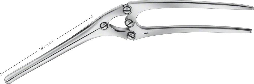 B. Braun PAYR Intestinal Clamp (Pylorus Clamp), angled, 315 mm (12 3/8"), serrated (longitudinal), jaw length: 135 mm, article EA450R