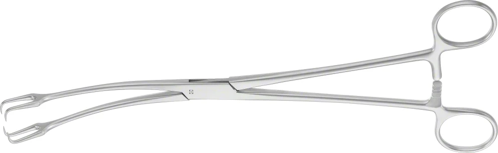 B. Braun SCHROEDER Tenaculum Forceps (Vulsellum Forceps), curved on flat, 250 mm (9 3/4"), jaw: 2 x 2 teeth, jaw width: 10 mm (EO151R)