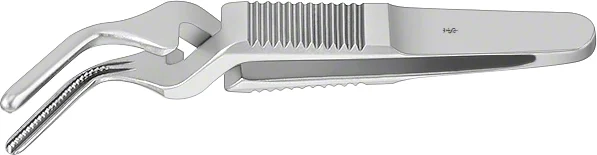 B. Braun ATRAUMATA® Bulldog Clamp, angled, 55 °, 50 mm (2"), toothing DE BAKEY, jaw length: 10 mm, micro (FB363R)