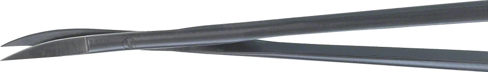 B. Braun Noir® Micro Scissors, curved, bayonet-shaped, serrated (one blade), sharp/sharp, 250 mm (9 3/4"), round handle, article FD773B