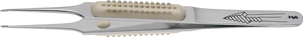 B. Braun MUELLER Micro Dressing Forceps, straight, 110 mm (4 1/4"), triangular tip, jaw width: 1.20 mm, serrated, round handle, article FM006R