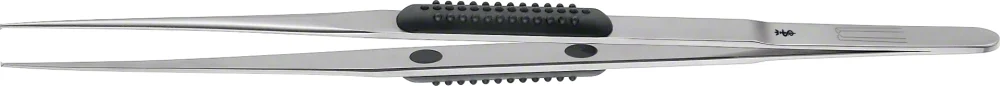 B. Braun MUELLER Micro Tissue Forceps, straight, 160 mm (6 1/4"), jaw width: 0.50 mm, 1 x 2 teeth, round handle (FM034R)