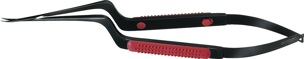 B. Braun Noir®, SENSATION Micro Scissors, curved upwards, bayonet-shaped, sharp/sharp, 185 mm (7 1/4"), round handle, red, article FM146B