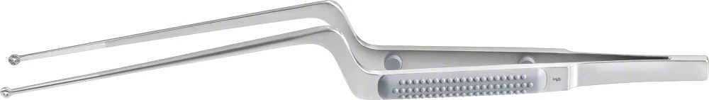 B. Braun SENSATION Micro Tumor Forceps, straight, bayonet-shaped, 210 mm (8 1/4"), ring tip, work. length: 90 mm, jaw Ø: 3.50 mm, serrated, round handle, article FM177R