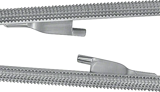 B. Braun Dia Dust® Micro Needle Holder, straight, 210 mm (8 1/4"), jaw: tungsten carbide coated, round handle, with ratchet, for suture up to 5/0 (FM566R)
