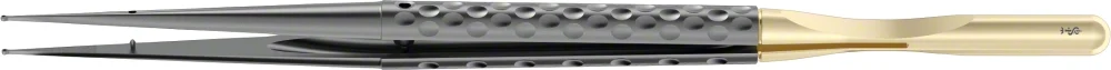 B. Braun NOIR SUPREME Micro Ring Forceps, straight, 185 mm (7 1/4"), ring tip, with weight, jaw Ø: 1 mm, tungsten carbide coated, round handle, article FM637B